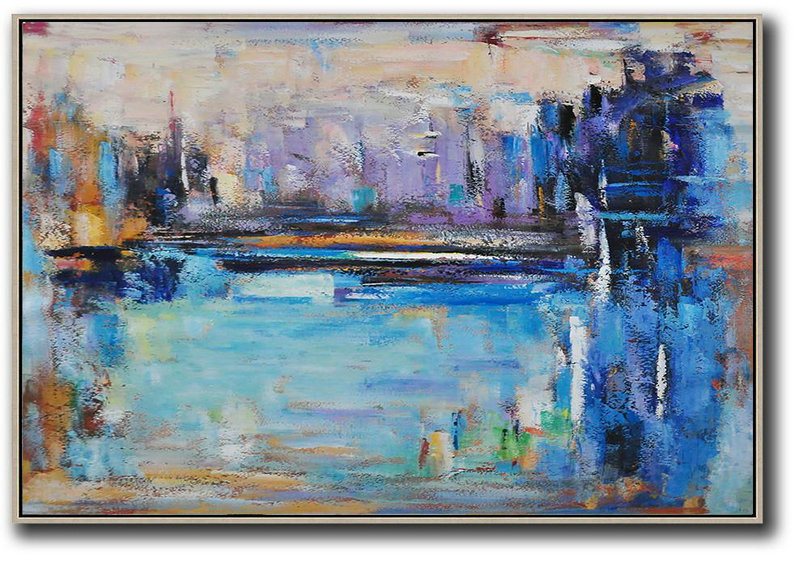 Oversized Horizontal Contemporary Art,Big Canvas Painting,Blue,Purple,Dark Blue,Brown